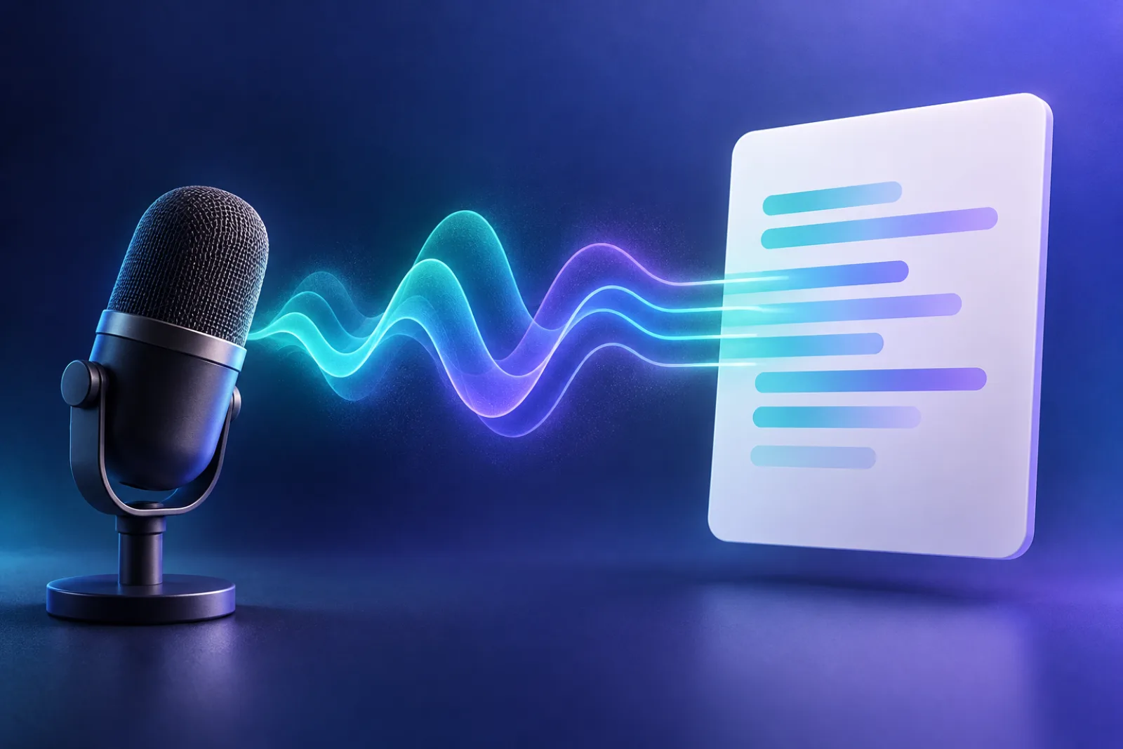 Sound waves flowing from a vintage-style microphone and turning into neat lines of text on a floating page