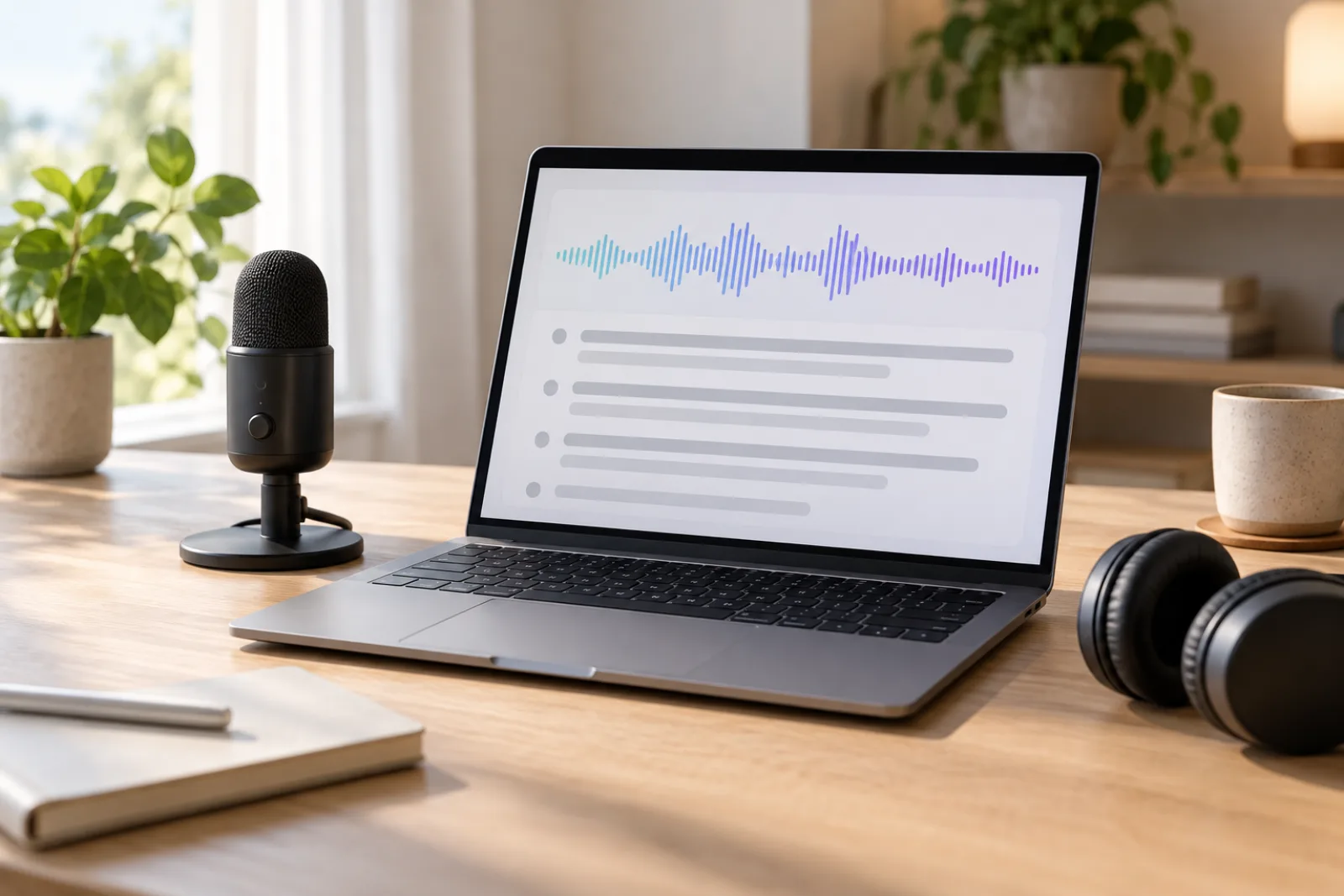 A laptop on a tidy desk showing a waveform next to a column of transcribed text, with headphones and a small microphone beside it