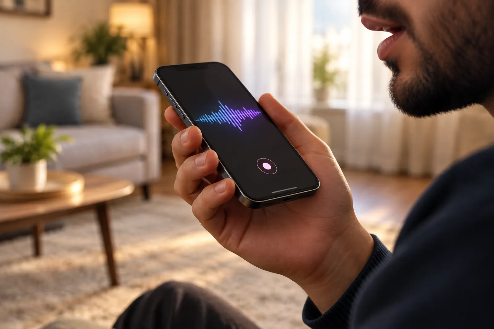 Close-up of a smartphone held near a person's mouth in a quiet room with soft furnishings, illustrating good microphone placement for recording speech